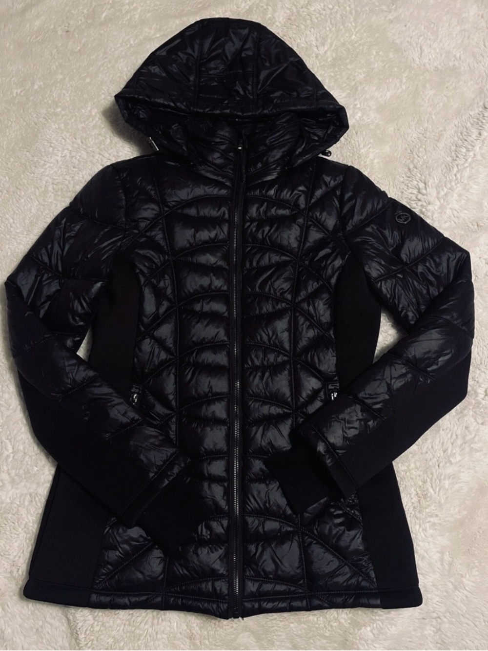 Michael Kors Women Black Rib Sleeves Full Zip Missy Puffer Jacket XS